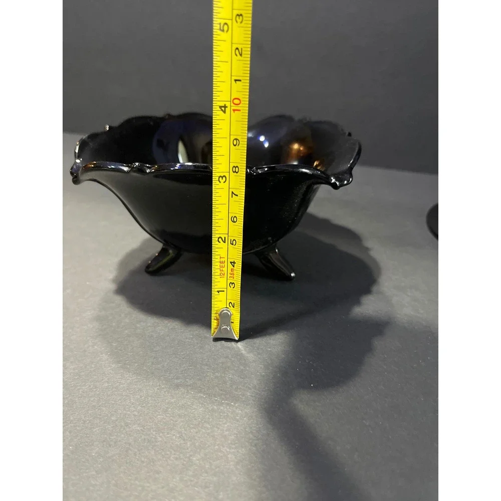 Vintage Amethyst Black Glass Footed Nut Bowl and Candlestick Holder Set